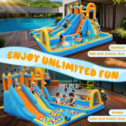 FOOING Opblaasbaar waterglijkasteel met 2 glijbanen, klimwand, basketbalhoepel, springhuis voor kindertuin, springkasteel voor zomer, buitenzwembad, feest met veiligheidsnet