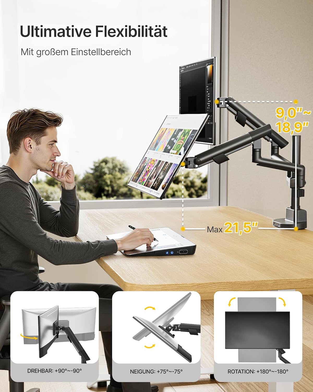 monTEK Dual Monitor Desk Mount met USB A/C voor 17-40"