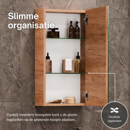 Planetmöbel bathroom cabinet set Washbasin with vanity unit 45 x 60 x 33 cm with mirror cabinet 40 cm, 2X midi cabinets for bathroom & guest toilet, gold oak - QUORE