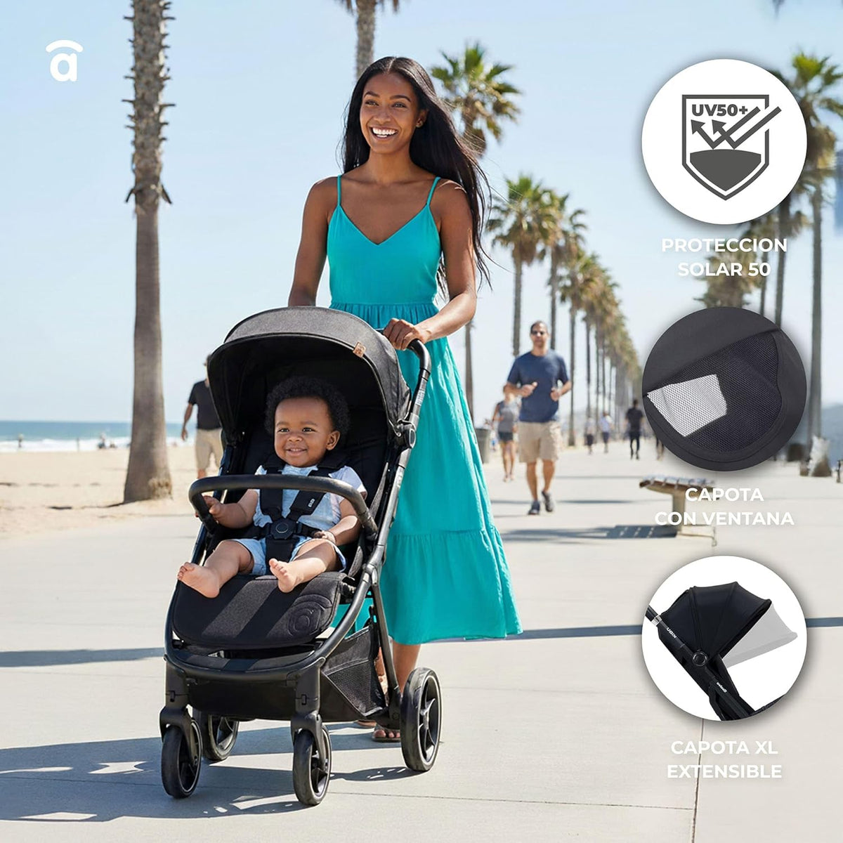 Asalvo Kibu Kinderwagen, comfortabel, ultralicht, veilig, kap met raam en rem, handig, compact inklapbaar, maximale belasting 24 kg, zwart