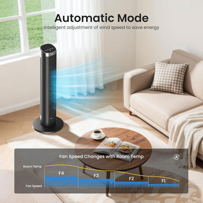91 cm stille ventilator, 90° oscillatietorenventilator, staande ventilator met afstandsbediening en wifi, 4 standen en 4 modi, 12-uurs timer, torenventilatoren voor slaapkamer, zwart