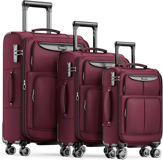 SHOWKOO Kofferset, 3-delig, stoffen koffer, zachte schaal, uitbreidbaar, reiskoffer, licht, duurzaam, trolley, handbagage, sets met TSA-slot en 4 wielen (M, L, XL, rood)