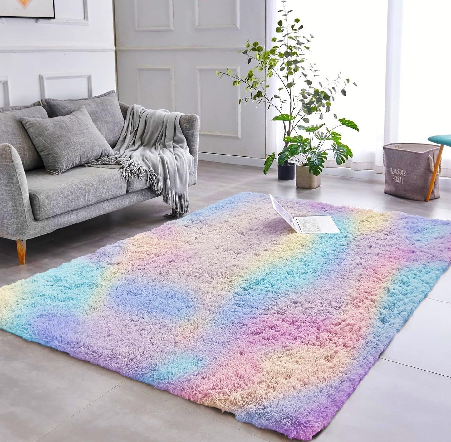 AMEHA Regenboog Pluche Tapijten Woonkamer Slaapkamer Groot 200x290 cm Kleurrijke Zachte Pluche Antislip Vloerkleed voor Kinderkamer Meisjes Jongens Kinderen Tapijt Niet-uitscheurend