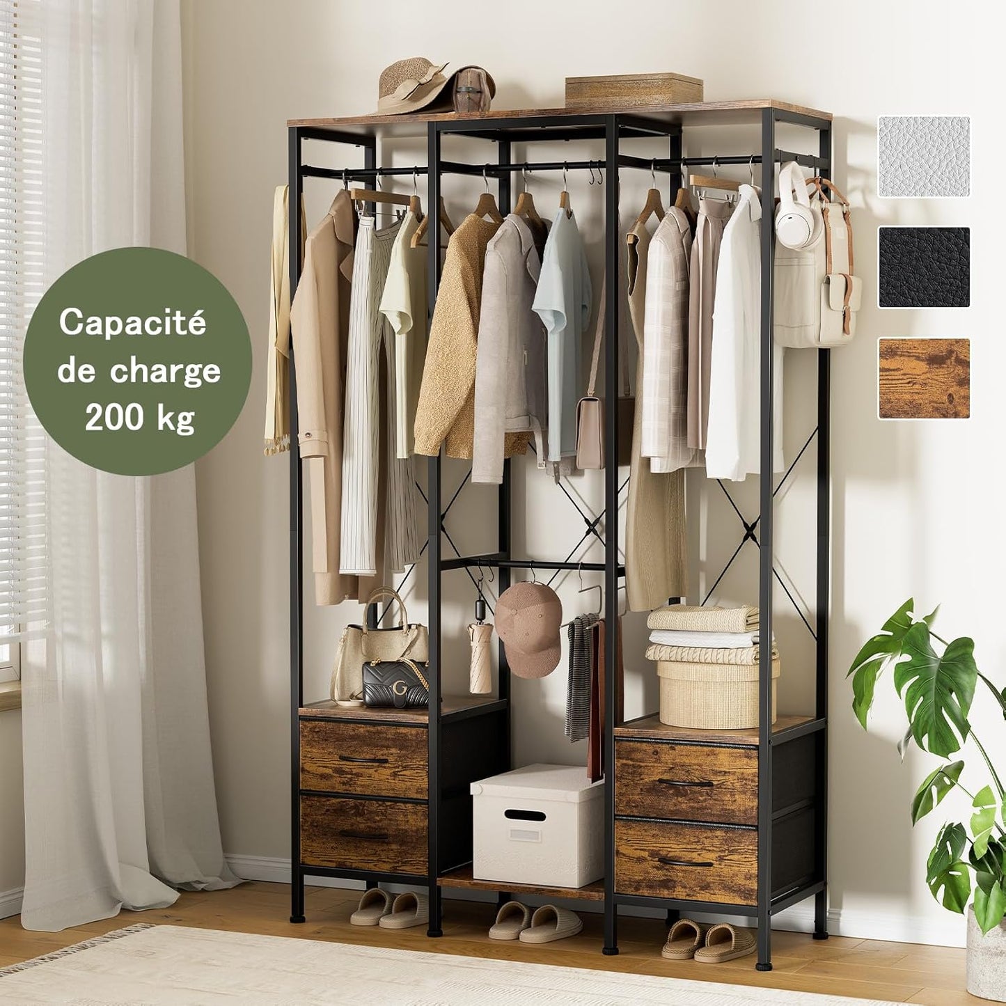 Kledingkast, Open Kledingkast, Kledingrek met Lades, voor Slaapkamer, Open Kledingkast voor Hangende Kleding, Stalen Frame, Landelijk Bruin, Rustiek Bruin