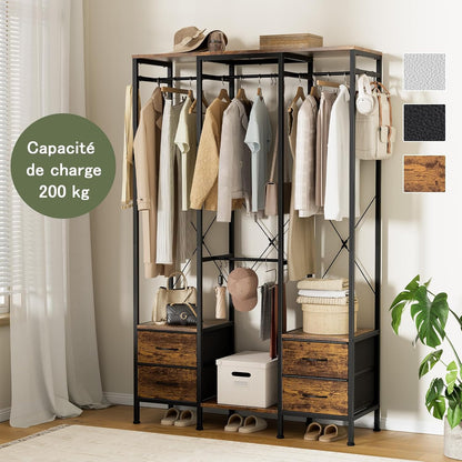 Kledingkast, Open Kledingkast, Kledingrek met Lades, voor Slaapkamer, Open Kledingkast voor Hangende Kleding, Stalen Frame, Landelijk Bruin, Rustiek Bruin