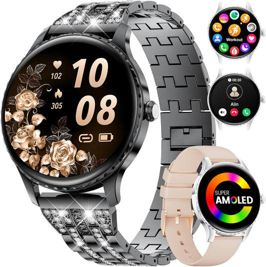 FV22-C-EU-LT-L Smartwatch voor dames, 2 armbanden, 1,43 inch HD AMOLED smartwatch met telefoonfunctie, roségoud, sporthorloge met 120+ sportmodi