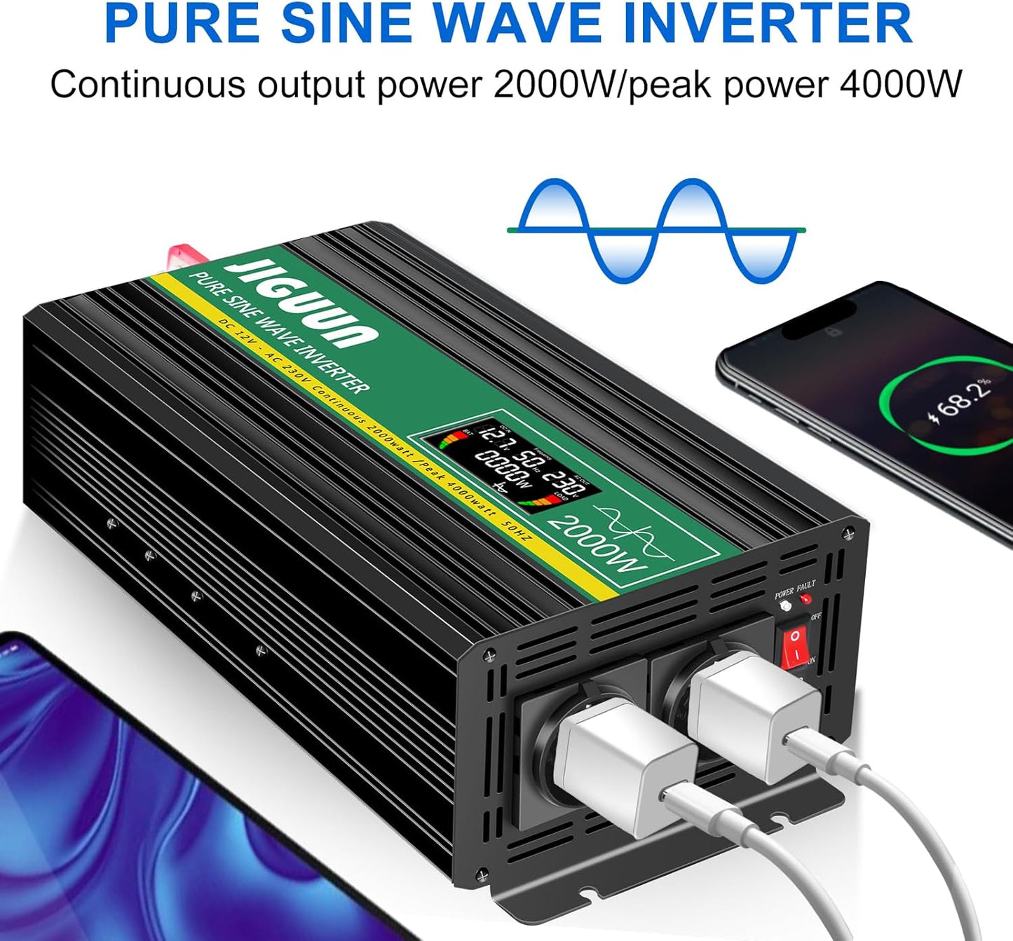 JIGUUN 2000W omvormer 12v naar 230v zuivere sinus inverter met draadloze afstandsbediening LCD-scherm 2 Eu-stopcontact & 1 USB-poort Piekvermogen 4000W voor auto, camping, reizen