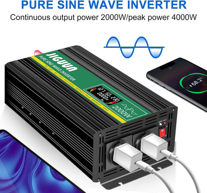 JIGUUN 2000W omvormer 12v naar 230v zuivere sinus inverter met draadloze afstandsbediening LCD-scherm 2 Eu-stopcontact & 1 USB-poort Piekvermogen 4000W voor auto, camping, reizen