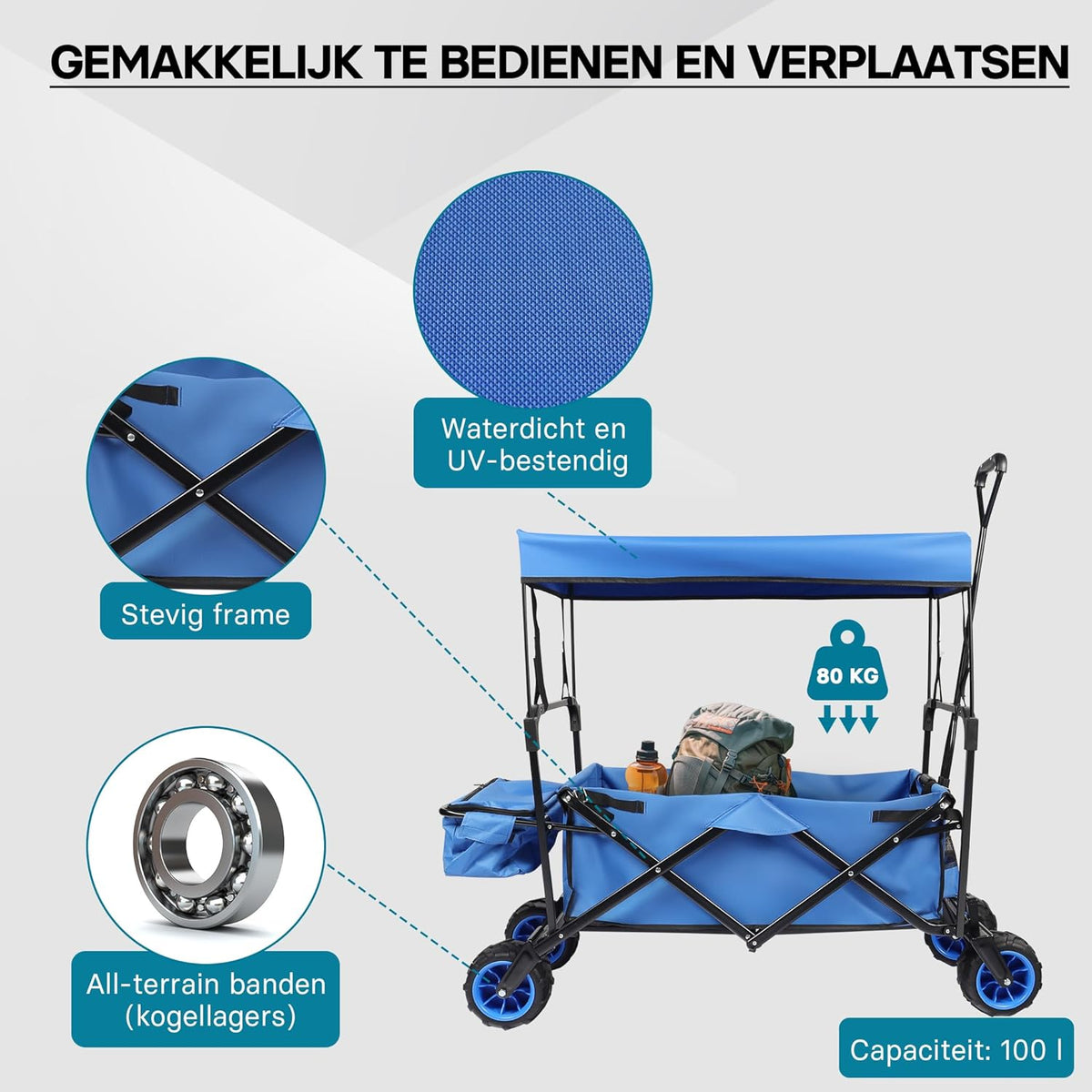Handwagen trekkar opvouwbaar off-road met zonnedak, grote laadruimte en opbergvakken transportwagen