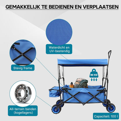 Handwagen trekkar opvouwbaar off-road met zonnedak, grote laadruimte en opbergvakken transportwagen