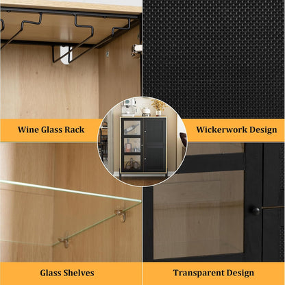 Wijnkast – Wijnrek – Drankkast – Kast – Servieskast – Hout & Vlechtwerk – 82x35x107,5 cm – LED-Verlichting Met 16 Kleuren