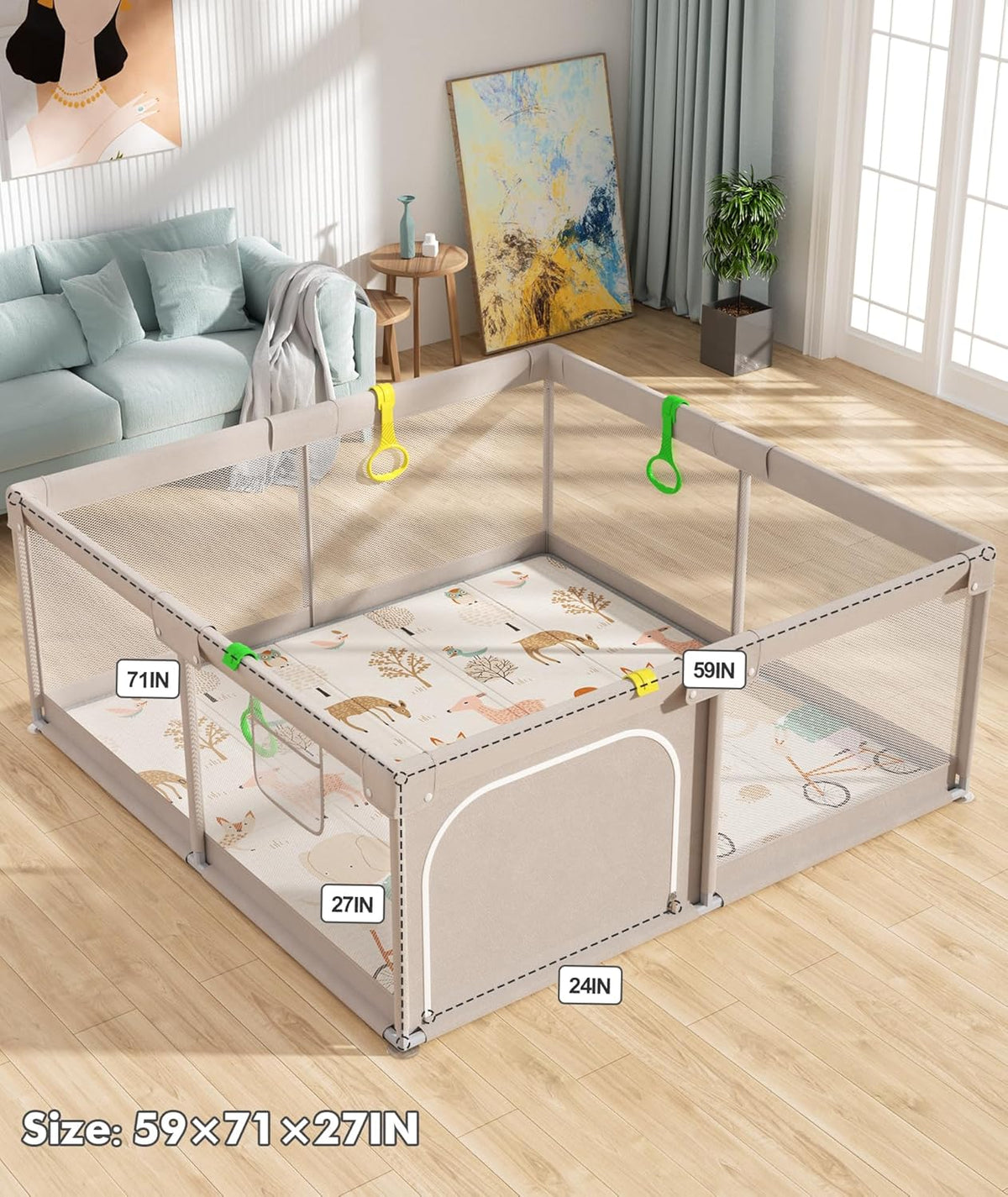 Mloong Baby Playpen with Mat, 59 x 71 Inch Extra Large Playpen for Babies and Toddlers, Indoor & Outdoor Activity Center, Safety Baby Fence with Door, Play Pen, Playground - QUORE