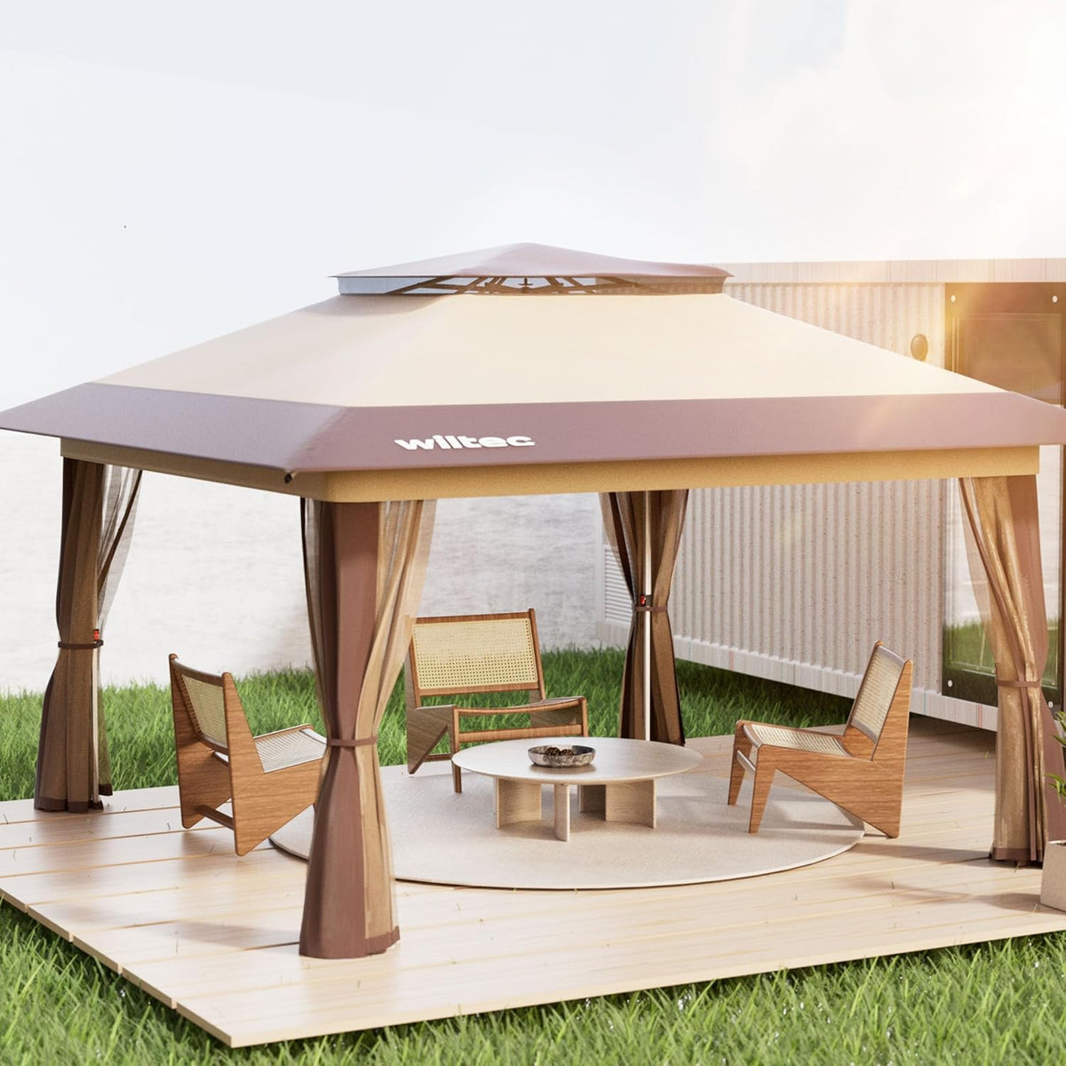 Wiltec opvouwbaar paviljoen partytent met muggennet tuinpaviljoen beige 4 x 4 m