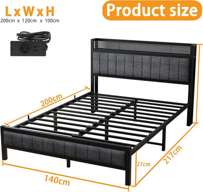Bed met lattenbodem van metaal, bedframe met hoofdeinde en laadstation (zwart + grijs, 140x200)