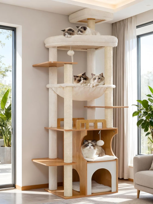 Cat Tree, 187 cm Wood Cat Tower for Large Cats Adult, Modern Cat furniture with Double-Layer Wooden Cat Condo, 2 Platforms, Hammock and Scratching Posts, Walnut GCT102WB
