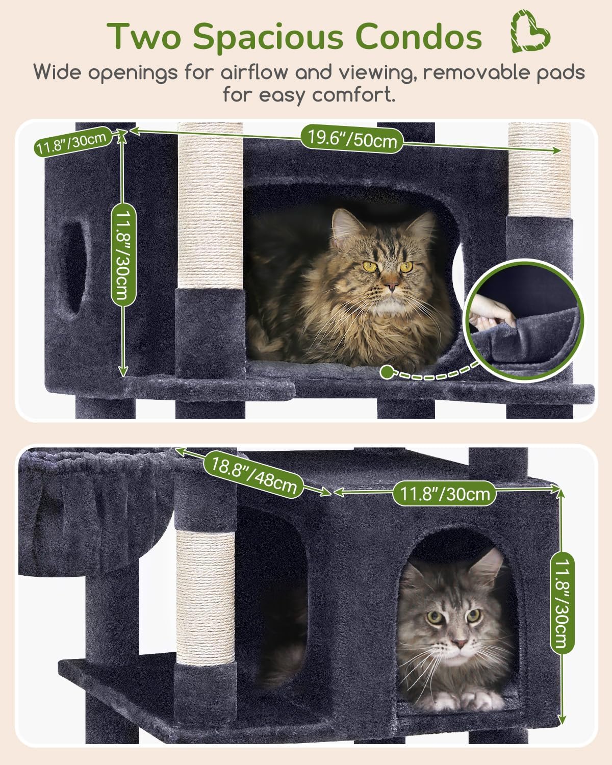 Krabpaal – Kattenboom – Kattenhuis – Kattenmand – Krabmeubel – Donkergrijs – 188 cm Hoog – 2 Grote Kattenhuisjes Met Platform