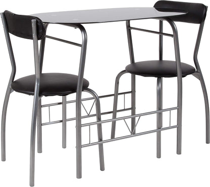 Flash Furniture Glazen eettafel en stoelen, metaal, zwart, 3-delige set