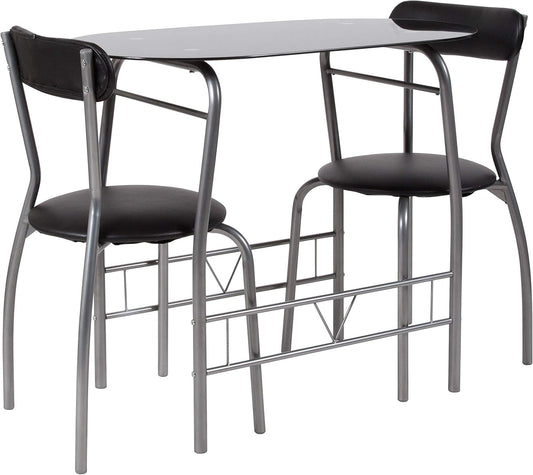 Flash Furniture Glazen eettafel en stoelen, metaal, zwart, 3-delige set
