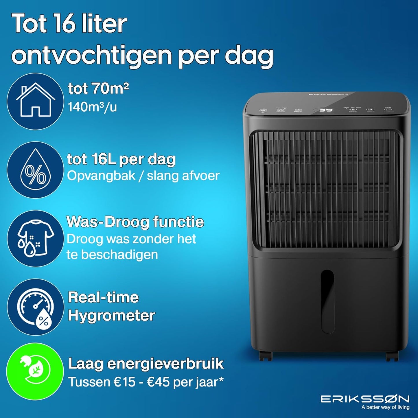 Luchtontvochtiger met LED-display, timer en kinderbeveiliging, verwijdert 16 liter vocht per 24 uur, voor kamergrootte ca. 70 m² (140 m³) | energiezuinige luchtontvochtiger met vochtsensor