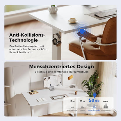 Agilestic In hoogte verstelbaar bureau 150 x 60 cm, stabiel bureau met elektrische hoogteverstelling en handmatige bediening met geheugen, ergonomisch bureau om staand of zittend te werken, wit