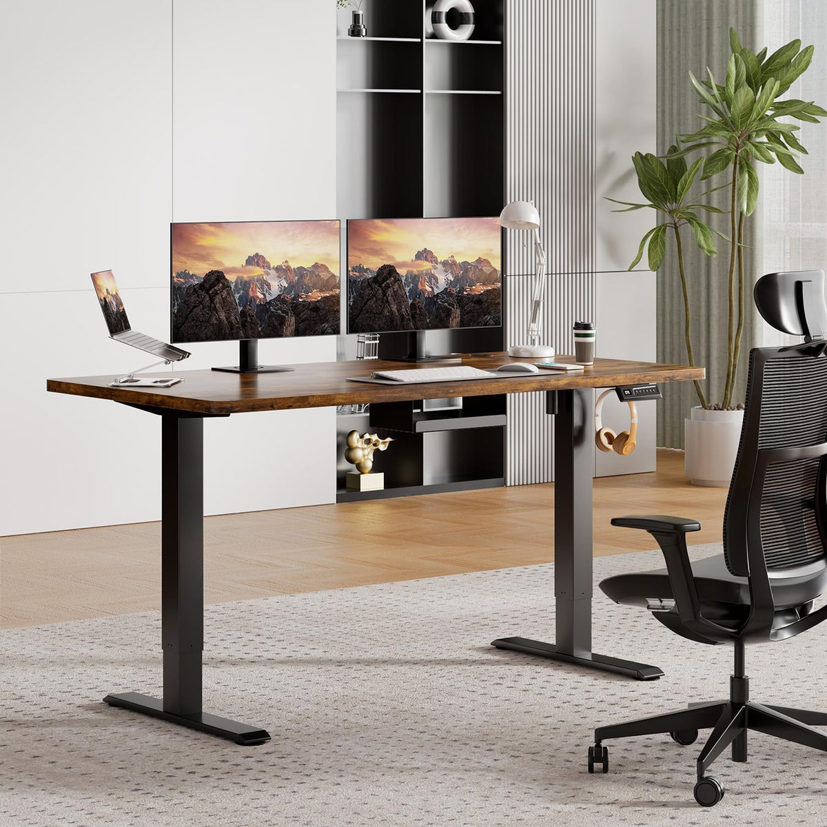 JUMMICO In hoogte verstelbaar bureau, compleet tafelblad, elektrisch bureau, in hoogte verstelbaar met geheugenfunctie, state-tafel, computertafel, 140 x 60 cm, bruin