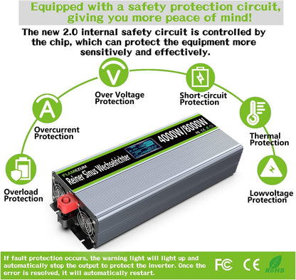 FLAMEZUM 4000 W Power Inverter,Omvormer 12V naar 230V Zuivere Sinus spanningsomvormer, 2 EU Stopcontact met USB-uitgang,Afstandsbediening,Geschikt voor koelkasten,Elektrisch Gereedschap