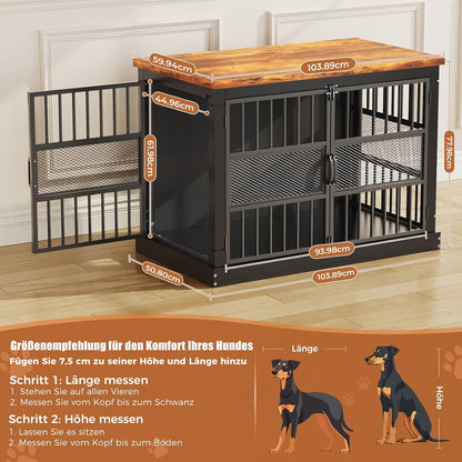 101 cm hondenbench, beetbestendige hondenbench, zware hondenkooi met dubbele deur, houten bijzettafel voor slaapkamer en woonkamer, zwart