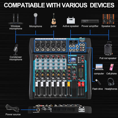 Audio Mixer – 6-Kanaals Mengpaneel – DJ-Mixer – Audiomixer – Mengtafel – 16 DSP-Effecten – USB/Bluetooth – 48V Fantoomvoeding