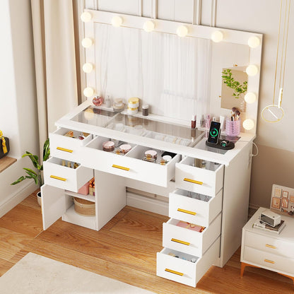 ANWBROAD Large Dressing Table with 3 Adjustable LED Lights and Socket, Modern Vanity Table with Mirror, Dressing Table with Glass Top, 7 Drawers, White 140 x 110 x 40 cm BDT83W - QUORE