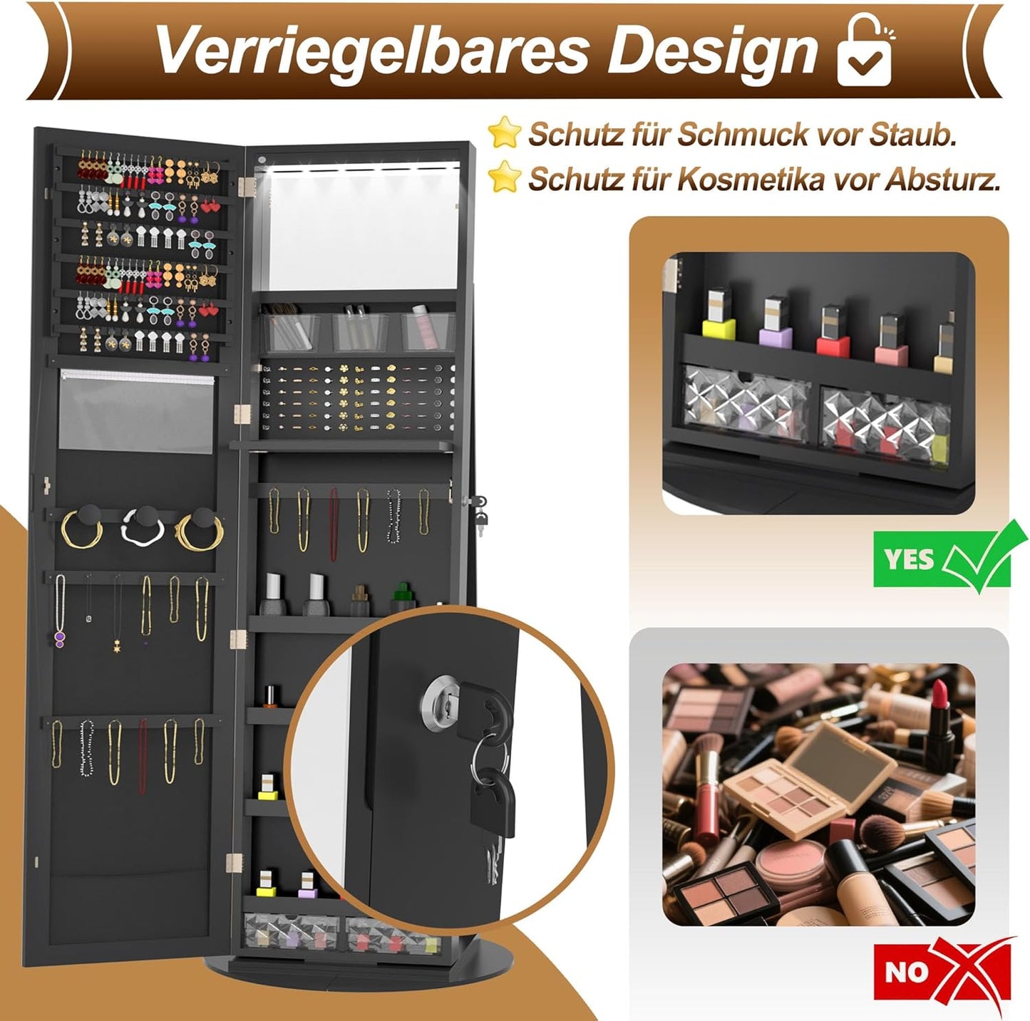 Spiegelkast Sieradekast – Sieradenopberger – Make-upkast – Draaibare Spiegel – Wit – 360° Rotatie – LED-Verlichting – Slot En Sleutels – 161x54,5x10 cm