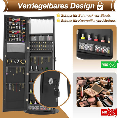 Spiegelkast Sieradekast – Sieradenopberger – Make-upkast – Draaibare Spiegel – Wit – 360° Rotatie – LED-Verlichting – Slot En Sleutels – 161x54,5x10 cm