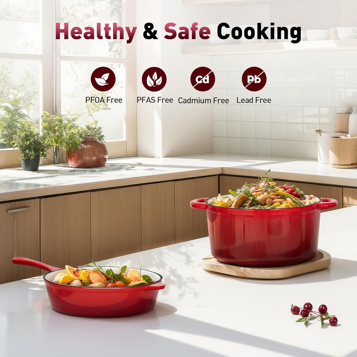 Kitchen Academy, Cast Iron Pan, 7-Piece Set with Dutch Ovens, Enameled Cast Iron Cookware, Sauce Pan, Pan, 3 Lids, Dutch Oven Set, Pans and Pan Set, Non-Stick Coating, Red - QUORE