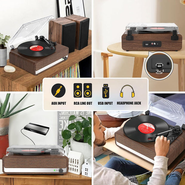 Platenspeler - Geïntegreerde Luidsprekers - Vintage Fonograaf - met Bluetooth-Riemaandrijving - 3 snelheden - voor Muziekgenot - Woondecoratie - Hout - Walnoot