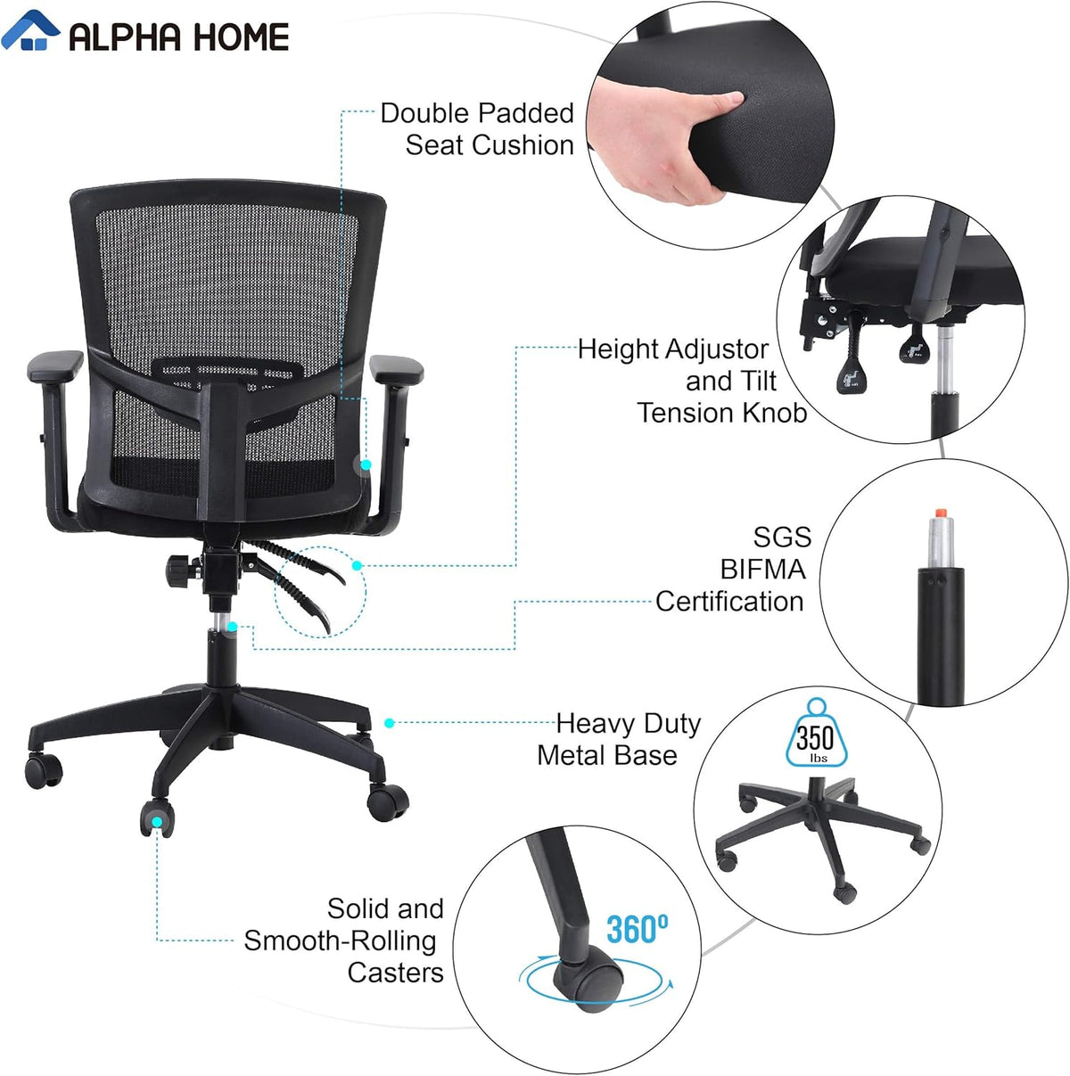 ALPHA HOME Office Chair, Ergonomic Height Adjustable Swivel Chair, Computer Office Chair with Adjustable Lumbar Support, Armrest, Tilt Function, Up to 160 kg Load Capacity