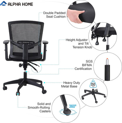 ALPHA HOME Office Chair, Ergonomic Height Adjustable Swivel Chair, Computer Office Chair with Adjustable Lumbar Support, Armrest, Tilt Function, Up to 160 kg Load Capacity