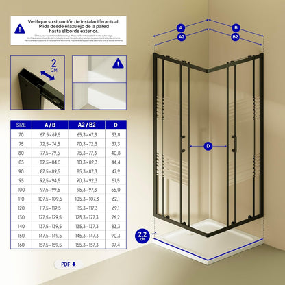 Douchecabine – Douchewand – Douchecabine Hoek – Douchecabine Schuifdeur – Veiligheidsglas – 90x90 cm – 6 mm ESG Veiligheidsglas – Zwarte Profielen – Partieel Gesatineerd – Hoogte 190 cm