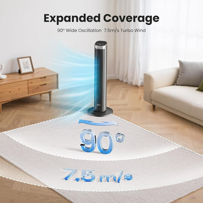 91 cm stille ventilator, 90° oscillatietorenventilator, staande ventilator met afstandsbediening en wifi, 4 standen en 4 modi, 12-uurs timer, torenventilatoren voor slaapkamer, zwart
