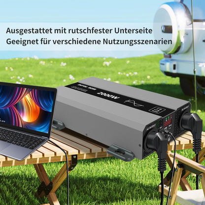 DATOUBOSS Omvormer 12V 230V 2000W Piek 4000W Zuivere Sinusgolven Omvormer, Vermogensomvormer met 2 EU Stopcontacten, USB/PD Uitgang en LCD Scherm. Geschikt voor Camper, Auto