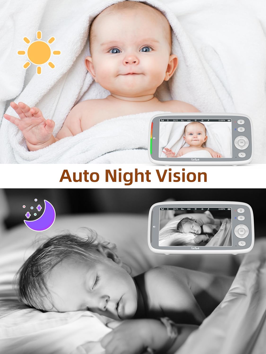 TakTark Babymonitor, 5 inch 720p IPS babymonitor, video en audio, 3050 mAh kindercamera met VOX-monitor, nachtzicht, bidirectionele gesprekken, temperatuuralarm