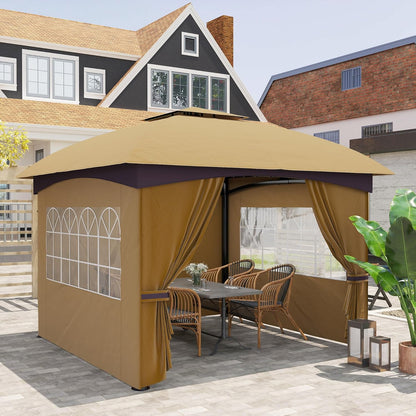 Outsunny Pavillon approx. 3.4x3.4m wasserabweisend Gartenpavillon mit 4 Seitenteilen, Doppeldach, Partyzelt mit UV-Schutz Gartenzelt mit verzinktem Metallrahmen, für Garten Beige - QUORE