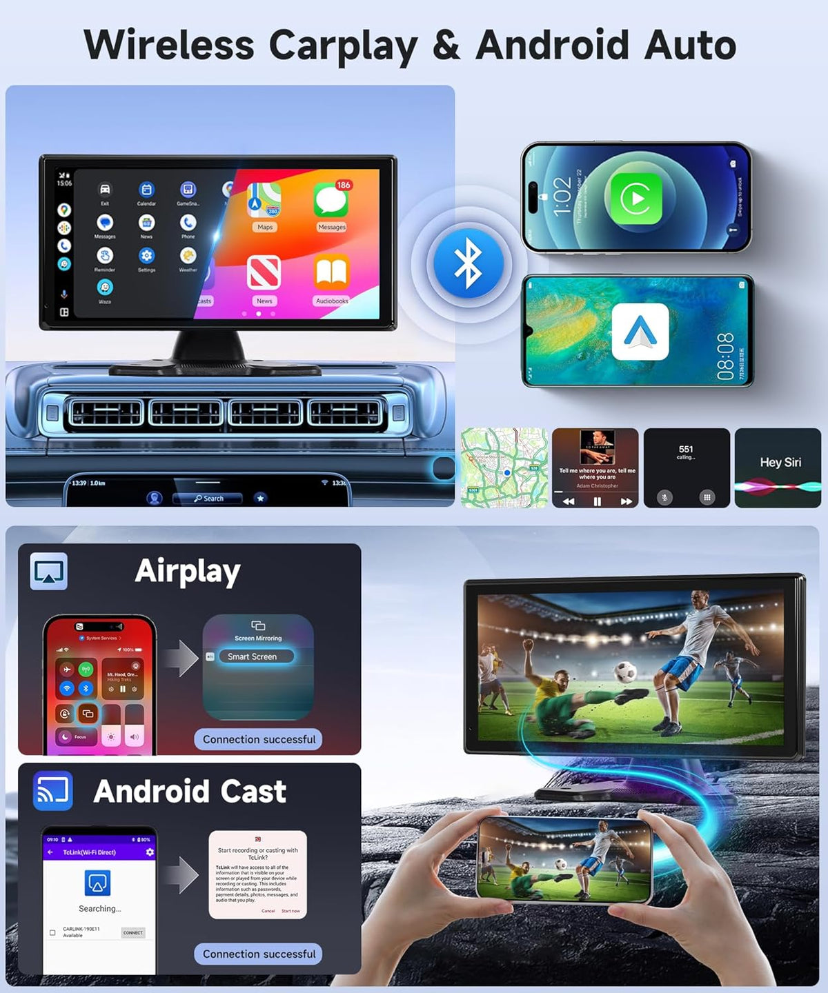 4K achteruitrijcamera 4 camera's set met draadloze Carplay Android Auto, 10,36 inch monitor 4 gesplitste schermen, Bluetooth/FM-zender/Loop Video/WiFi Video/Parkeermonitor voor Truck/Bus/Van/Caravan