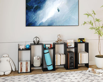 Yusong Boekenplank 6-laags geometrische boekenkast S-vormige boekenplanken voor slaapkamer, moderne houten decoratieve displayplank hoge boekenkast voor thuiskantoor, zwart