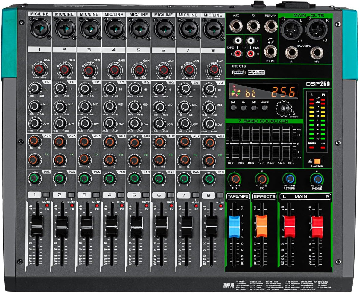 Professionele 8-Kanaals Audiomixer – Geluidsmixer – Mengpaneel – Mengtafel – DJ-Mixer – 259 DSP-Effecten – Bluetooth En USB-Speler