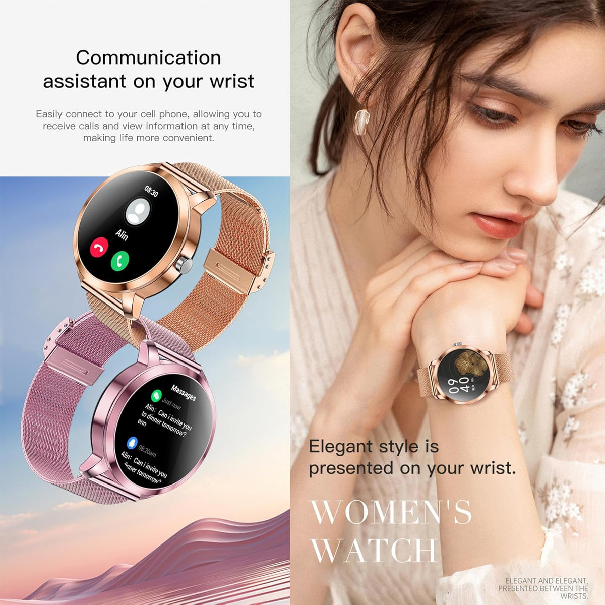 Smartwatch voor Damen met Bluetooth Bellen, 3 Armbanden, 1,09" Slimme Horloge, IP68 Waterdicht Sporthorloges, Hartslagmeter, SpO2, Slaapmonitor, Fitnesstrackerhorloge voor Android/iOS (Goud)