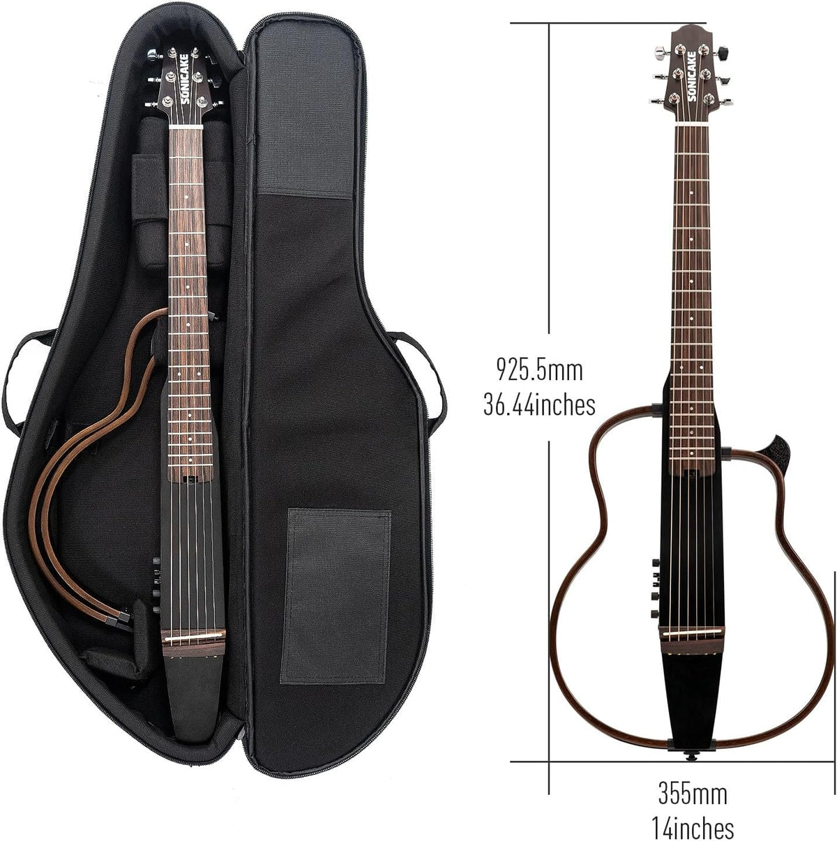 SONICAKE QGT-01 Elektrische akoestische gitaar, draagbare behuizing van massief mahonie, eenvoudig te monteren frame, multi-corpus vorm, sim-preamp, Gigbag en accessoires