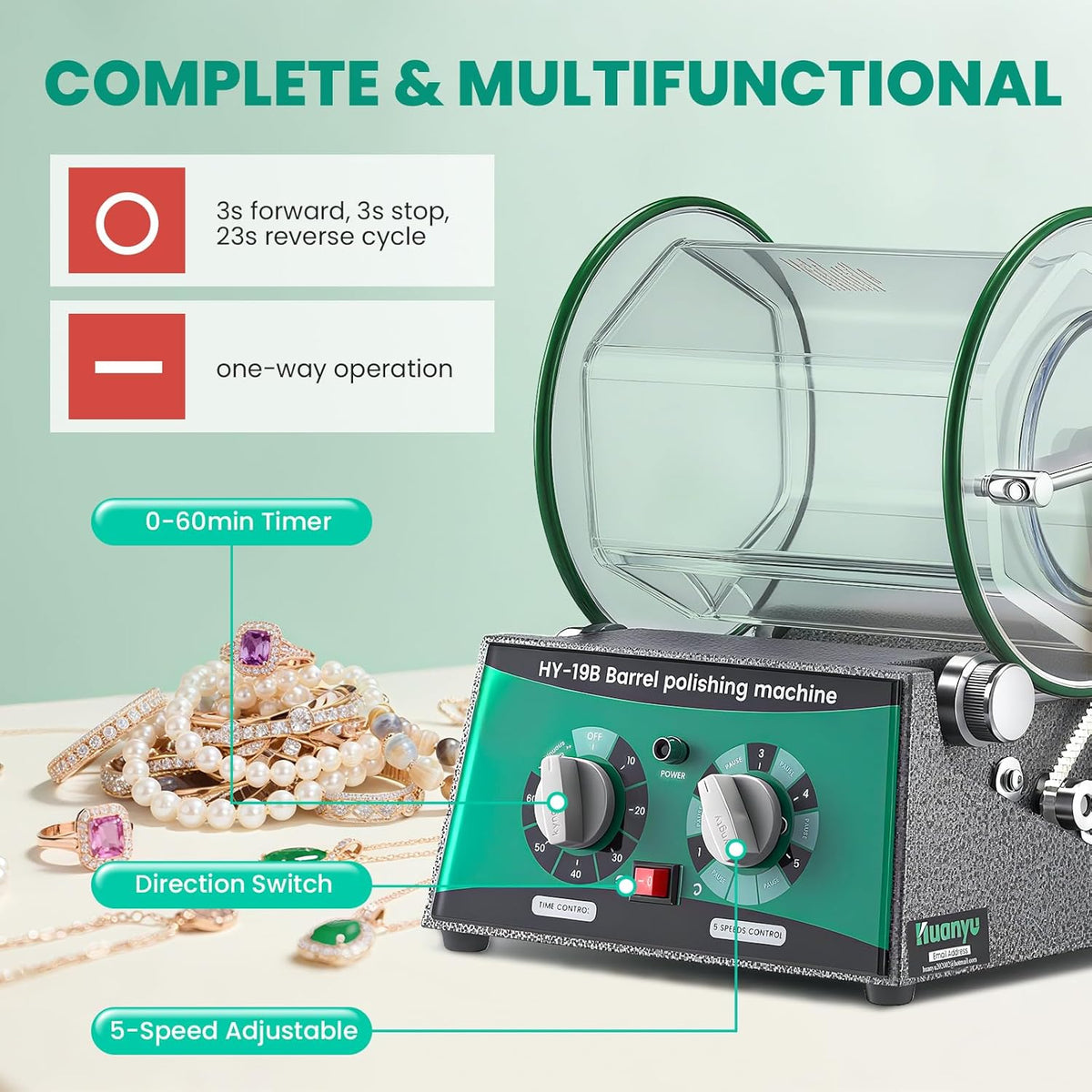 Huanyu Sieradenpolijstmachine, vatpolijstmachine met 5-traps snelheidsregeling/tijd voor natuursteen/metaal/onderdelen, polijsten, afschuinen, roestverwijdering (5 kg)