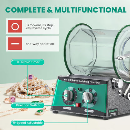 Huanyu Sieradenpolijstmachine, vatpolijstmachine met 5-traps snelheidsregeling/tijd voor natuursteen/metaal/onderdelen, polijsten, afschuinen, roestverwijdering (5 kg)