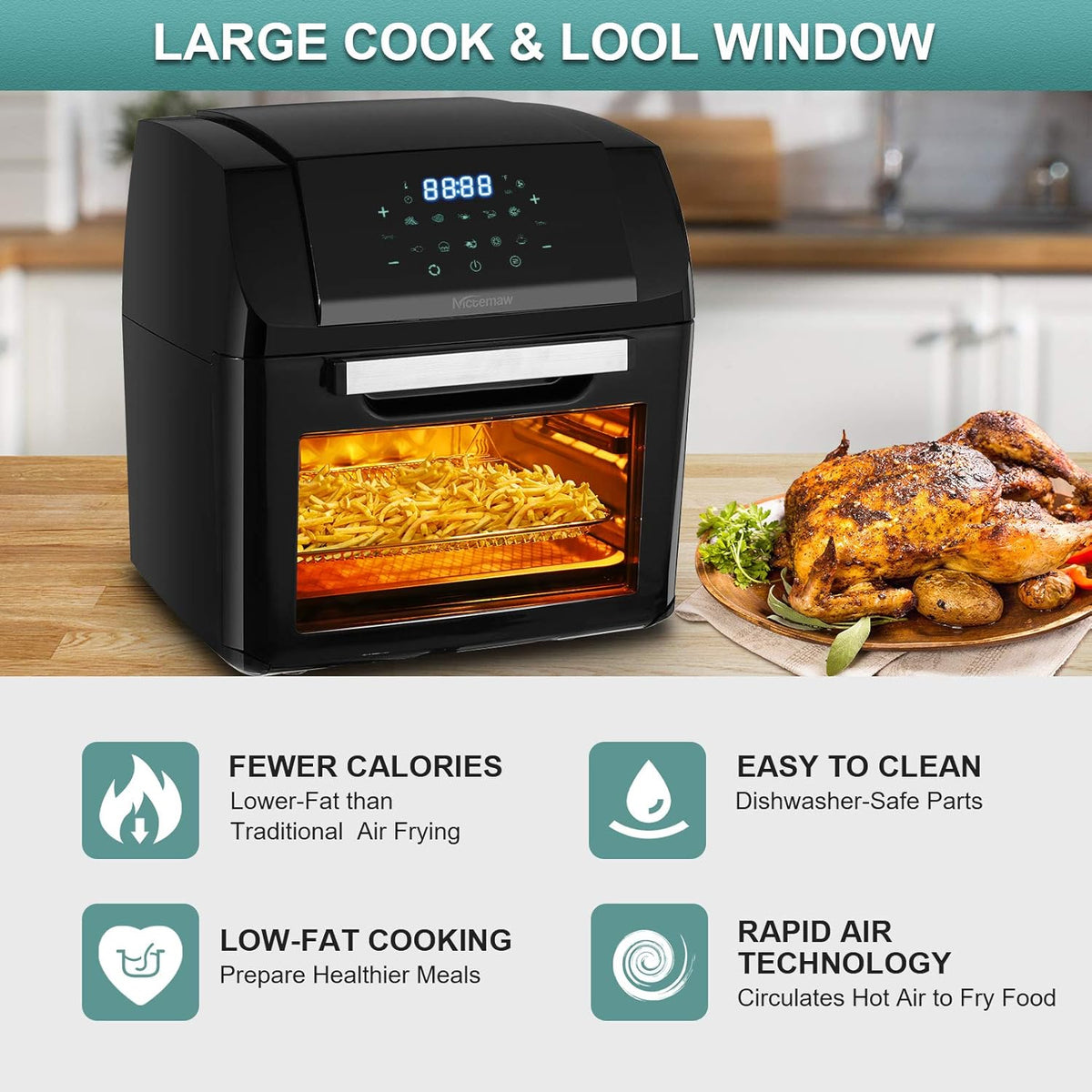 Nictemaw Olievrije friteuse van 12 liter, 1500 W, heteluchtfriteuse, heteluchtoven met 10 programma's, dehydrator, met LED-display (XXX-groot)