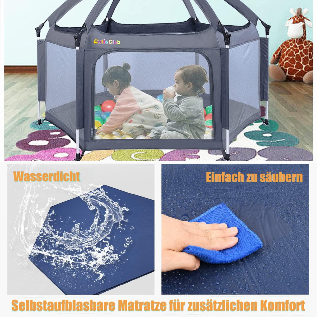 Foldable Baby Playpen with Mattress, Square, Play Playpen with Anti-UV Canopy, Travel Box with Carry Bag, for Home, Garden, Beach, Outdoor, Grey - QUORE