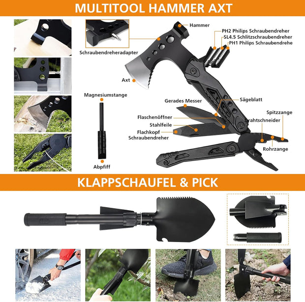 Compleet Noodpakket - Survivalkit - IFAK - 147-delige - EHBO-set - Inc. Molle-tas - Waterfilter - Filterriet - Multitool - Hamerbijl - voor Camping - Avontuur - Wandelen - Noodsituaties -